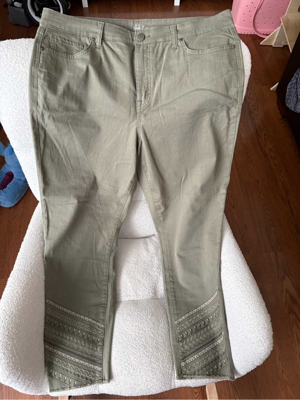 Style & Co. Olive Green Skinny Jeans with Embroidered Hem